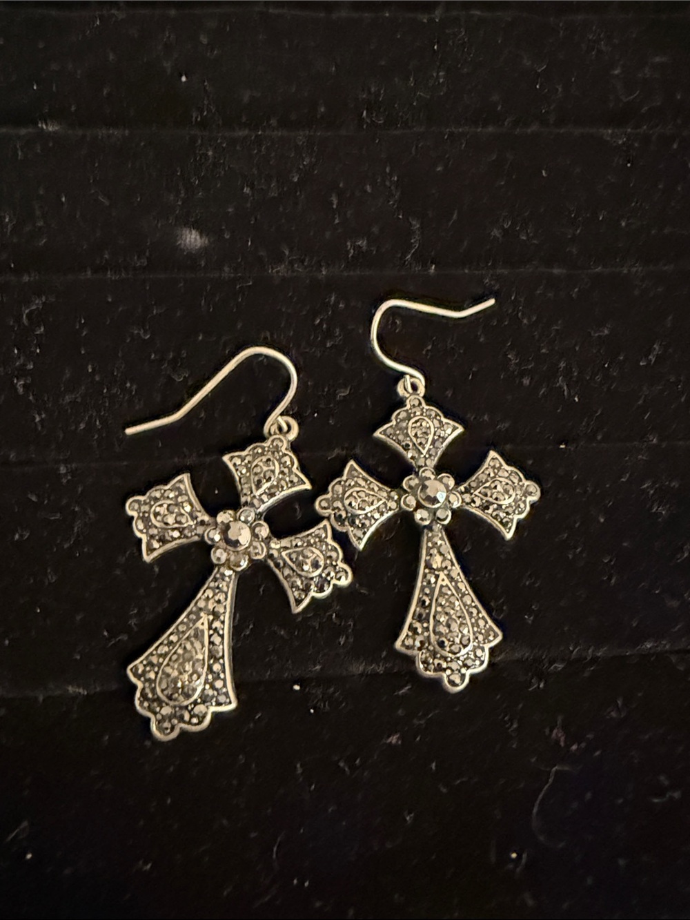 Silver-Tone Filigree Cross Dangle Earrings